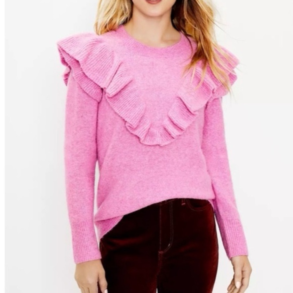 LOFT Fuchsia Pink Ruffle Knit Sweater